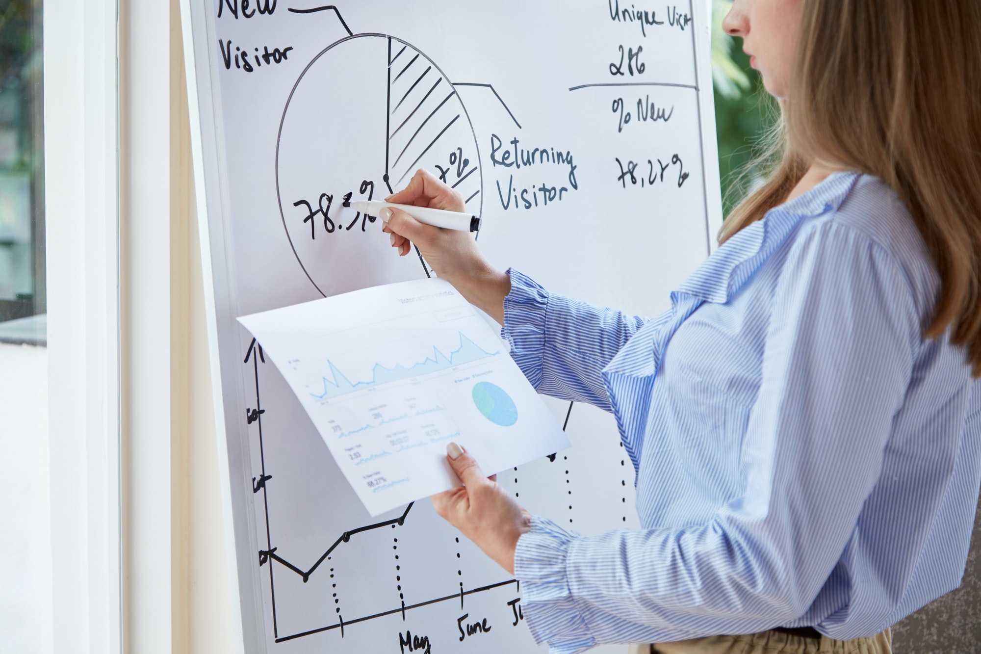 Businesswoman copying diagram from printed report